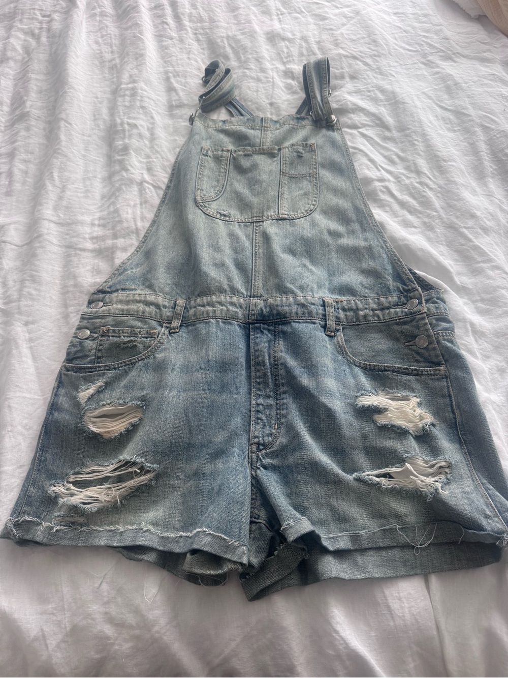 American Eagle Outfitters Light Blue Distressed Denim Short Overalls